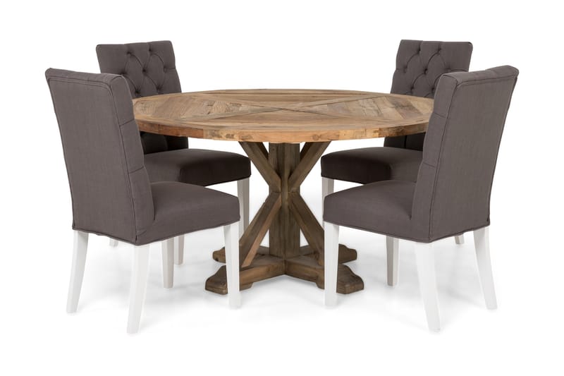 Spisegruppe Yorkshire Ø150 cm Rund Vintage Alm/Grå/Hvit, 4 Emmie Stoler
