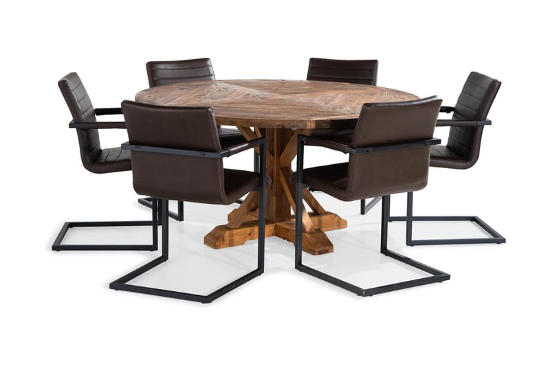 Spisegruppe Yorkshire Ø150 cm Rund Vintage Alm/Mørkbrun - 6 Dutch Stoler - Møbler - Bord - Spisegruppe
