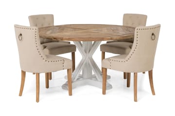 Spisegruppe Yorkshire Ø150 cm Rund Vintage Natur/Hvit/Beige - 4 Ophelia Stoler - Møbler - Bord - Spisegruppe