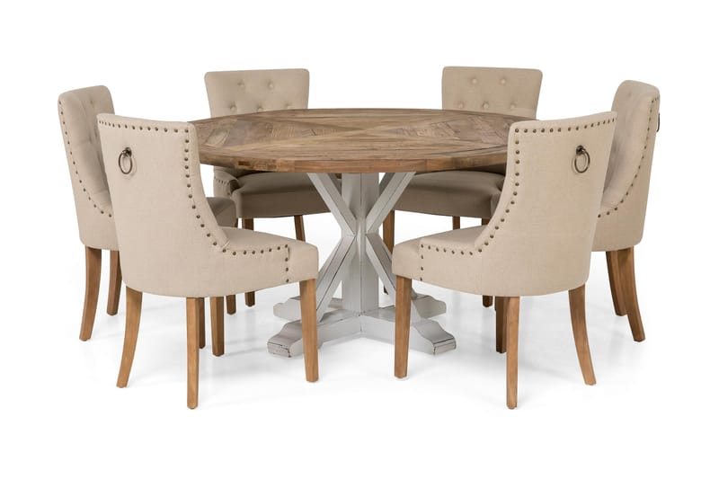 Spisegruppe Yorkshire Ø150 cm Rund Vintage Natur/Hvit/Beige - 6 Ophelia Stoler - Møbler - Bord - Spisegruppe