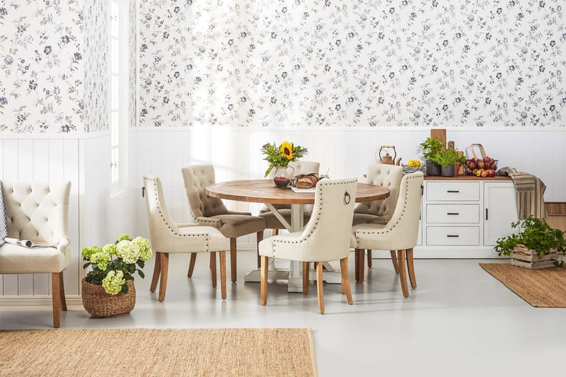 Spisegruppe Yorkshire Ø150 cm Rund Vintage Natur/Hvit/Beige - 6 Ophelia Stoler - Møbler - Bord - Spisegruppe