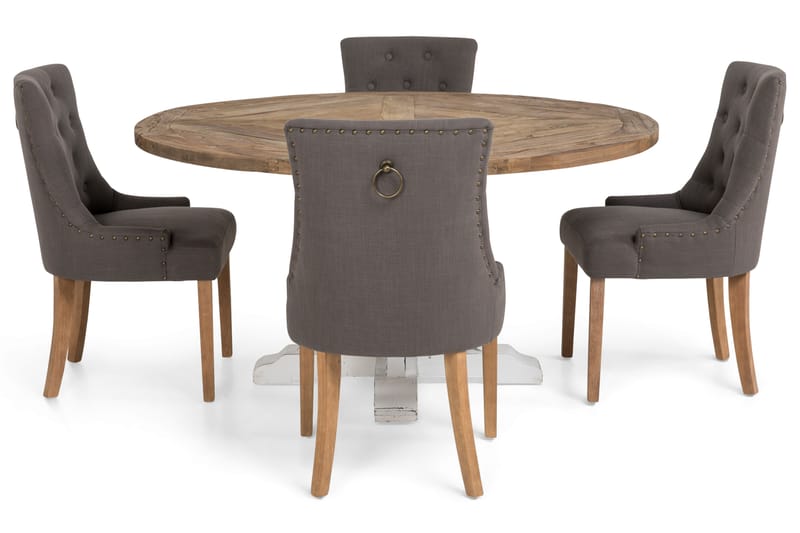 Spisegruppe Yorkshire Ø150 cm Rund Vintage Natur/Hvit/Grå - 4 Ophelia Stoler - Møbler - Bord - Spisegruppe