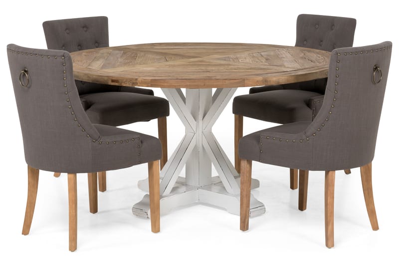 Spisegruppe Yorkshire Ø150 cm Rund Vintage Natur/Hvit/Grå - 4 Ophelia Stoler - Møbler - Bord - Spisegruppe