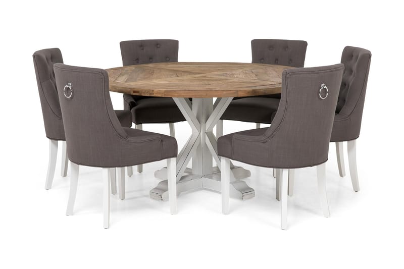 Spisegruppe Yorkshire Ø150 cm Rund Vintage Natur/Hvit/Grå - 6 Ophelia Stoler - Møbler - Bord - Spisegruppe