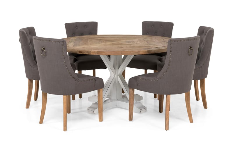 Spisegruppe Yorkshire Ø150 cm Rund Vintage Natur/Hvit/Grå - 6 Ophelia Stoler - Møbler - Bord - Spisegruppe
