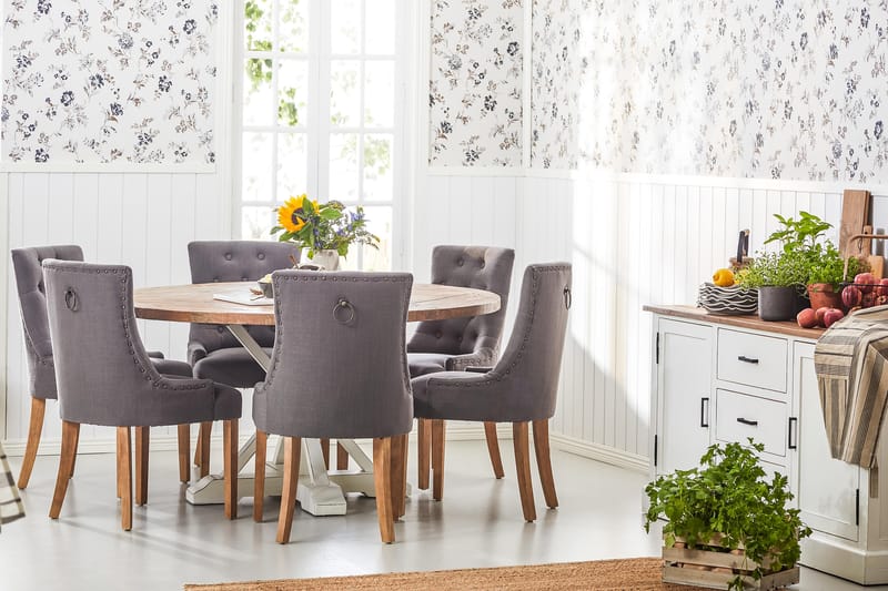 Spisegruppe Yorkshire Ø150 cm Rund Vintage Natur/Hvit/Grå - 6 Ophelia Stoler - Møbler - Bord - Spisegruppe