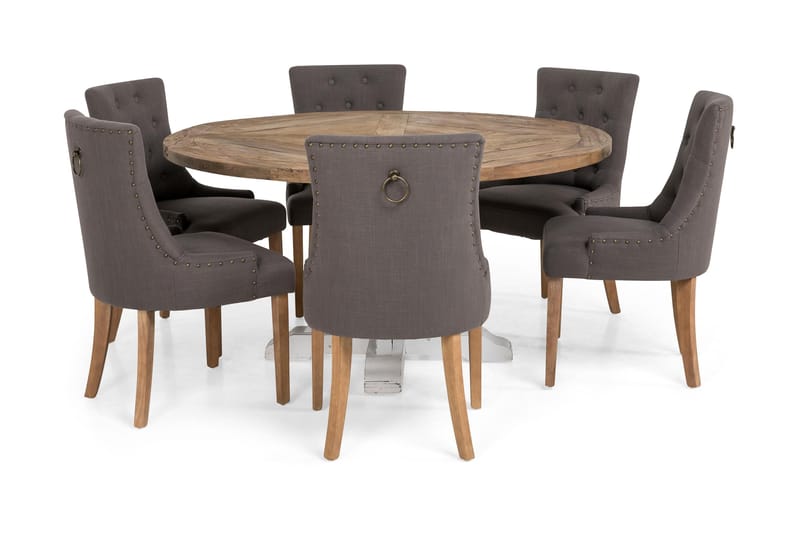 Spisegruppe Yorkshire Ø150 cm Rund Vintage Natur/Hvit/Grå - 6 Ophelia Stoler - Møbler - Bord - Spisegruppe