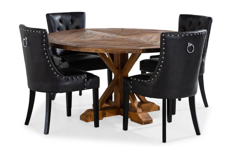 Spisegruppe Yorkshire 150 cm Rund med 4 Hermione Lenestol - Vintage Alm|Svart PU - Møbler - Bord - Spisegruppe