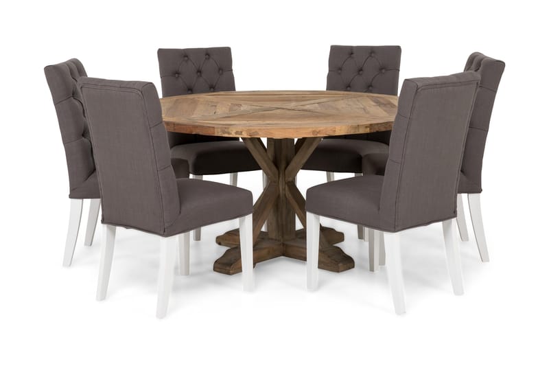 Spisegruppe Yorkshire 150 cm Rund med 6 Emmie Stol, Vintage Alm|Grå|Hvit