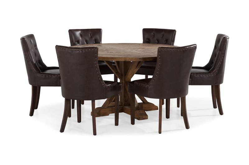 Spisegruppe Yorkshire 150 cm Rund med 6 Hermione Lenestol - Vintage Alm|Brun PU - Møbler - Bord - Spisegruppe