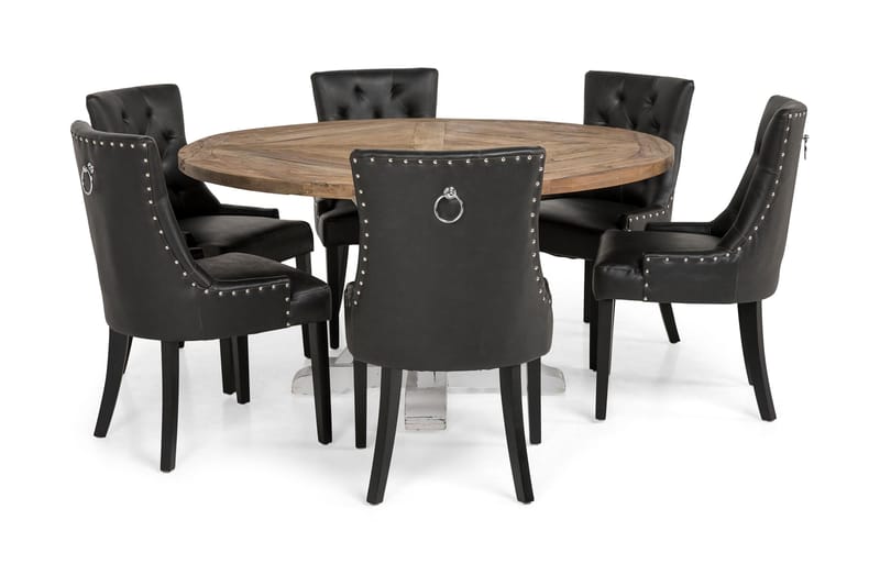 Spisegruppe Yorkshire 150 cm Rund med 6 Hermione Lenestol - Vintage Alm|Hvit|Svart PU - Møbler - Bord - Spisegruppe