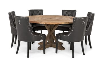 Spisegruppe Yorkshire 150 cm Rund med 6 Hermione Lenestol - Vintage Alm|Svart PU - Møbler - Bord - Spisegruppe