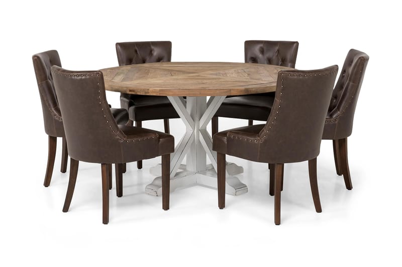 Spisegruppe Yorkshire 150 cm Rund med 6 Hermione Stol - Vintage Natur/Hvit/Brun - Møbler - Bord - Spisegruppe