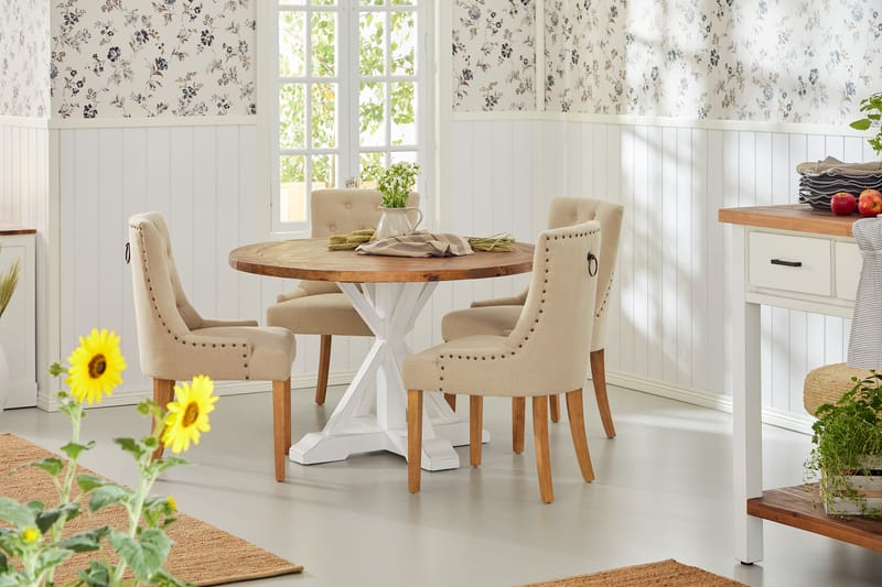 Spisegruppe Yorkshire Rund med 4 Ophelia Stol - Tre|Hvit|Beige - Spisegruppe