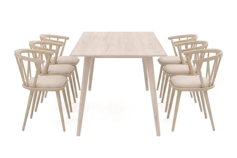 Tyrö spisegruppe 190 cm Whitewash med 6 stk. Tyrö karmstoler med pute - Whitewash - Møbler - Bord - Spisegruppe