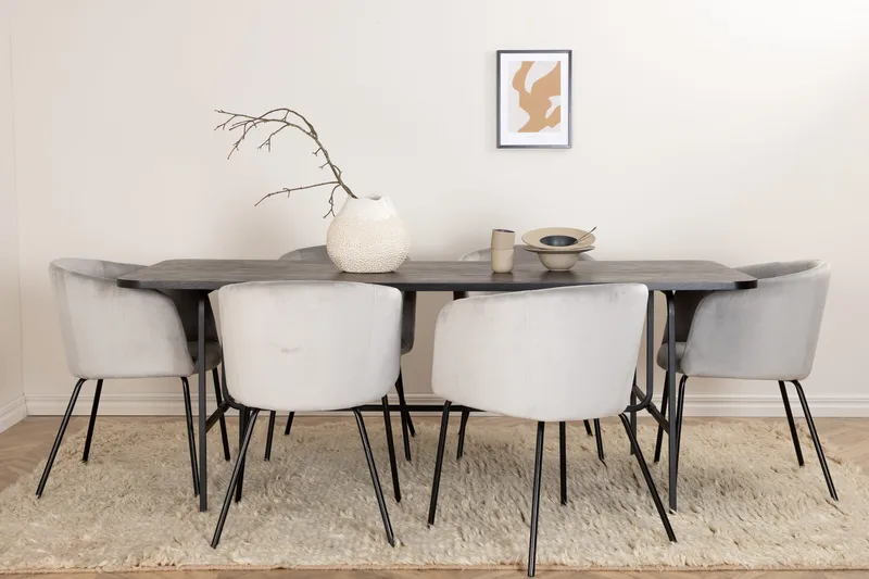 Unos Spisegruppe 200 cm inkl. 6 Berita Fløyelsstoler - Svart/Grå - Møbler - Bord - Spisegruppe
