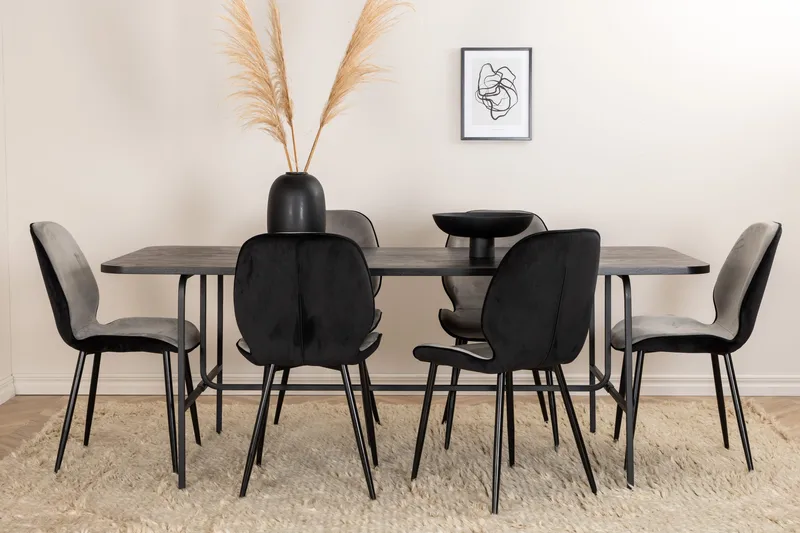 Unos Spisegruppe 200 cm inkl. 6 Emsa Stoler - Svart/Lysegrå - Møbler - Bord - Spisegruppe