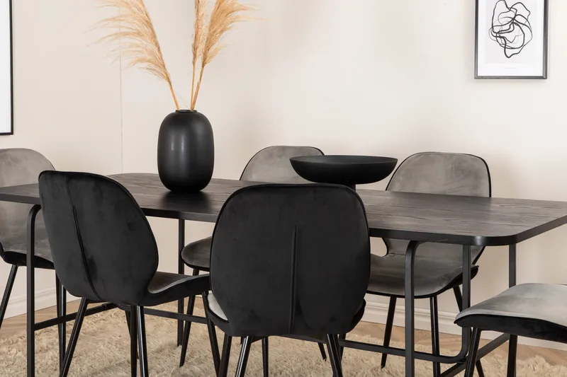 Unos Spisegruppe 200 cm inkl. 6 Emsa Stoler - Svart/Lysegrå - Møbler - Bord - Spisegruppe