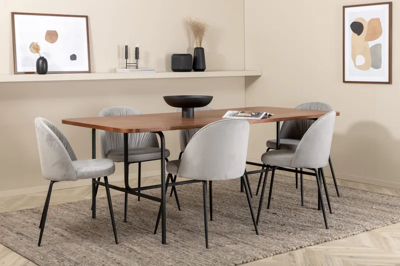 Unos Spisegruppe 200 cm inkl. 6 Foyos Stoler, Valnøttbrun/Svart/Grå