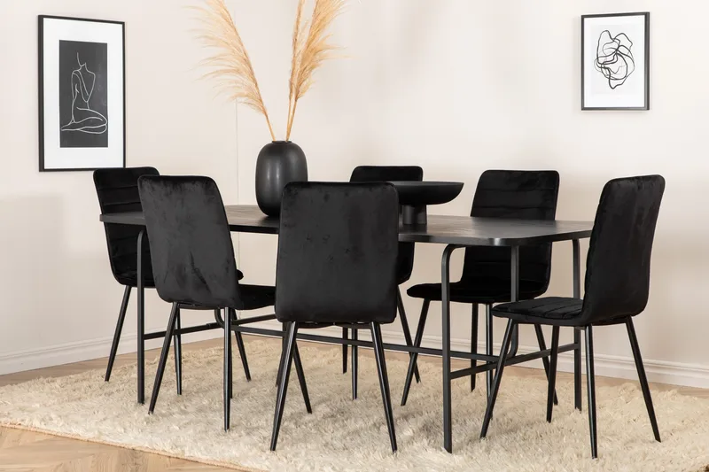 Unos Spisegruppe 200 cm inkl. 6 Robin Fløyelsstoler, Svart