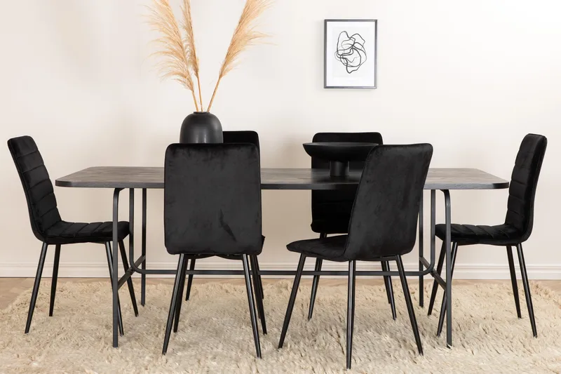 Unos Spisegruppe 200 cm inkl. 6 Robin Fløyelsstoler - Svart - Møbler - Bord - Spisegruppe