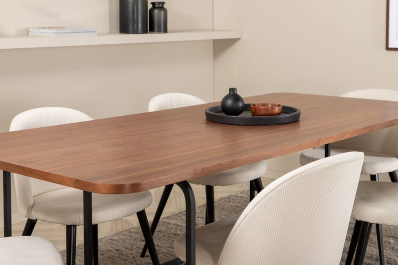 Unos Spisegruppe 200 cm inkl. 6 Valera Cordfløyelstoler - Valnøttbrun/Svart/Beige - Møbler - Bord - Spisegruppe