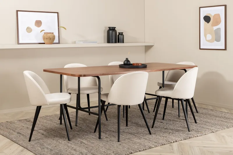 Unos Spisegruppe 200 cm inkl. 6 Valera Cordfløyelstoler, Valnøttbrun/Svart/Beige