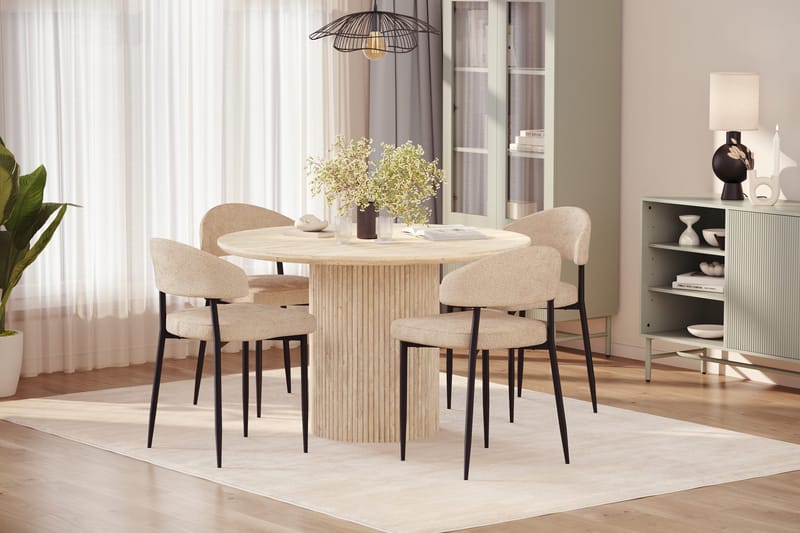 Uppveda Rundt Spisebord 120 cm med travertin-look med 4 stk Jairam Spisestoler - Beige - Møbler - Bord - Spisegruppe