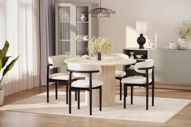 Uppveda Rundt Spisebord 120 cm med travertin-look med 4 stk Jaiveer Spisestoler - Beige - Møbler - Bord - Spisegruppe