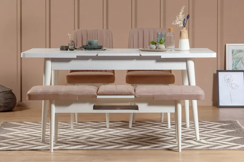 Valsot Uttrekkbar spisegruppe 129 cm, Hvit/Grå
