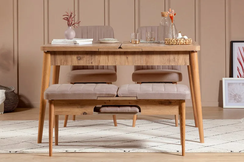 Valsot Uttrekkbar spisegruppe 129 cm, Natur/Grå/Brun