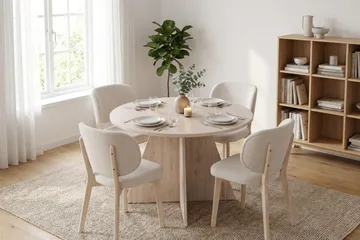 Vera Spisegruppe 110 cm rund Hvitlasert med 4 Eira Spisestoler - Hvitbeiset eik - Møbler - Bord - Spisegruppe