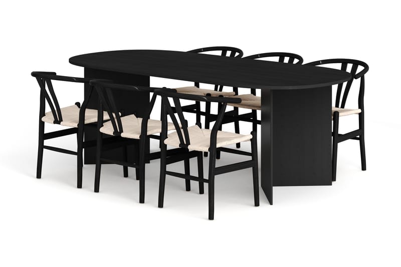 Vera spisegruppe rektangulær 220 cm svart med 6 Dastoori spisestoler, Svart