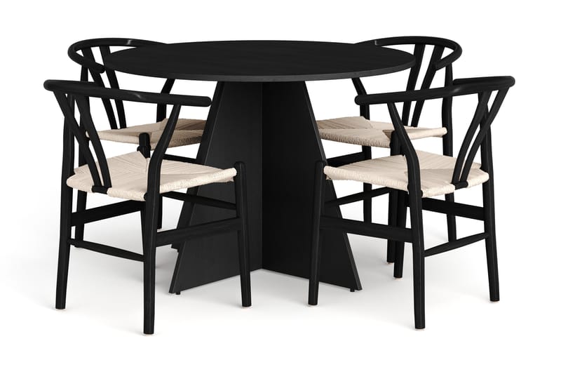 Vera spisegruppe rund 110 cm svart med 4 Dastoori spisestoler, Svart
