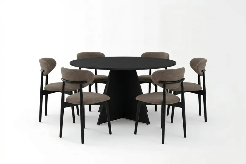 Vera spisegruppe rund 130 cm svart med 6 Molly spisestoler, Svart