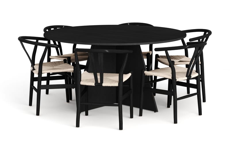 Vera spisegruppe rund 150 cm svart med 6 Dastoori spisestoler, Svart