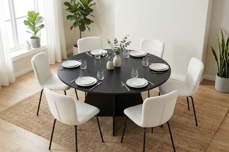 Vera spisegruppe rund 150 cm svart med 6 Katy spisestoler - Svart - Møbler - Bord - Spisegruppe