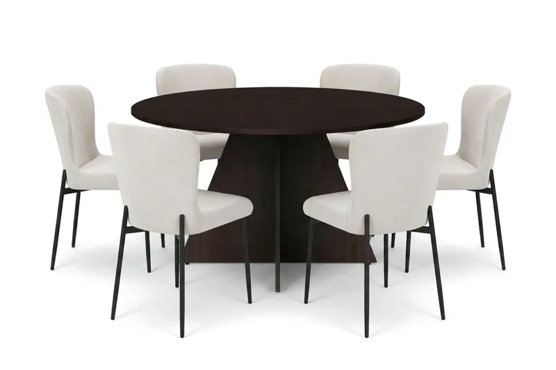 Vera spisegruppe rundt 130 cm røkt eik med 6 Elsie spisestoler, Røkt eik/Beige