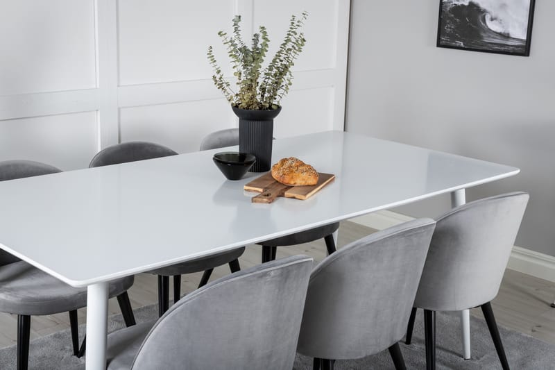 Ypas Spisegruppe 180 cm inkl. 6 Valeri Stoler - Hvit/Fløyel/Lysegrå/Svart - Møbler - Bord - Spisegruppe