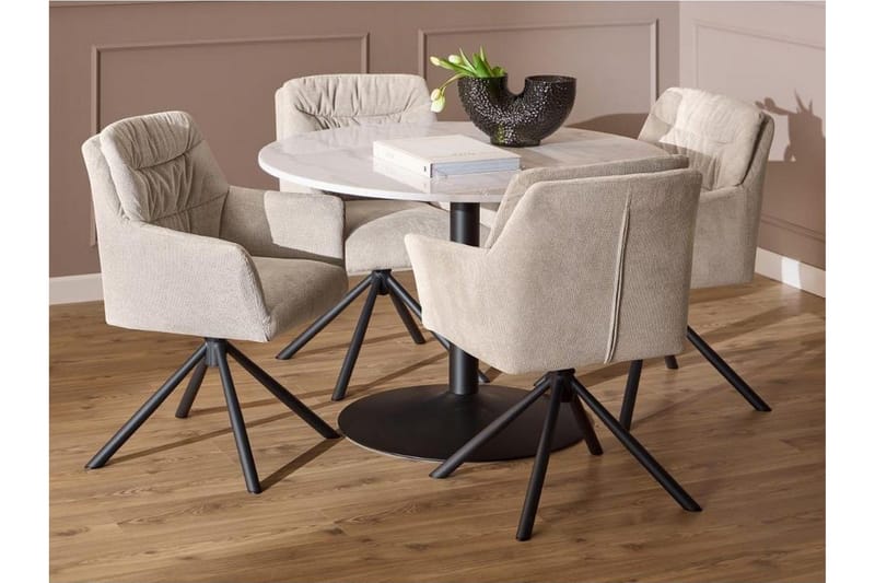 Stabby Spisegruppe Rund 110 Cm + 4 Spisestoler, Svart/Hvit/Beige
