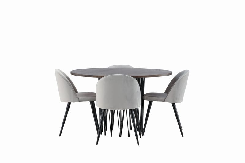 Stone Spisegruppe 120 cm Rund med 4 Velvet Stoler, Grå