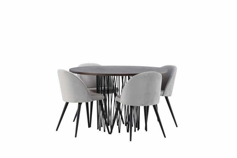 Stone Spisegruppe 120 cm Rund med 4 Velvet Stoler - Grå - Møbler - Bord - Spisegruppe