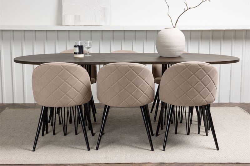 Stone Spisegruppe 220 cm Rektangulær med 6 Velvet Stoler - Beige - Møbler - Bord - Spisegruppe