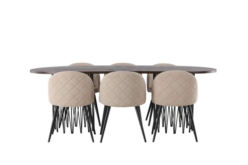 Stone Spisegruppe 220 cm Rektangulær med 6 Velvet Stoler, Beige