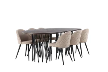 Stone Spisegruppe 220 cm Rektangulær med 6 Velvet Stoler - Beige - Møbler - Bord - Spisegruppe