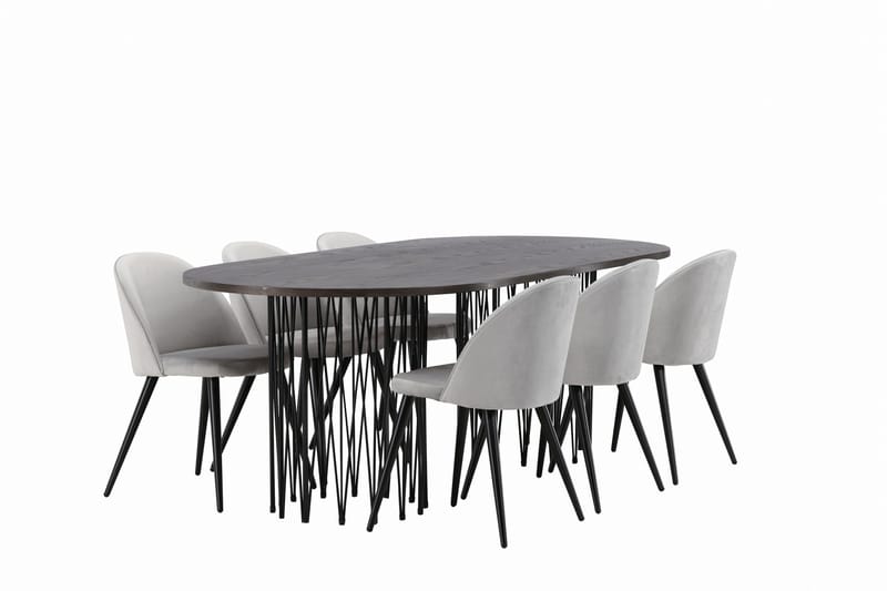 Stone Spisegruppe 220 cm Rektangulær med 6 Velvet Stoler - Grå - Møbler - Bord - Spisegruppe