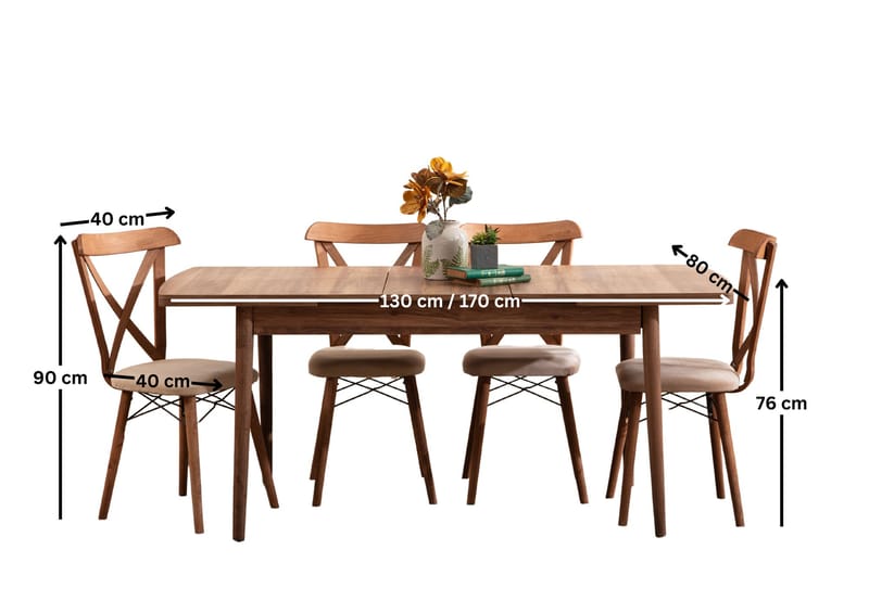 Toolenpas spisegruppe bord 130 cm + 4 stoler - Brun - Møbler - Bord - Spisegruppe