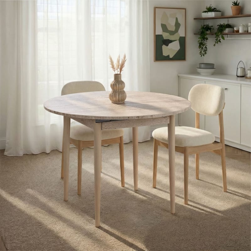 Tralven spisebord 131 cm rundt - Travertin og Eik - Møbler - Bord - Spisebord & kjøkkenbord