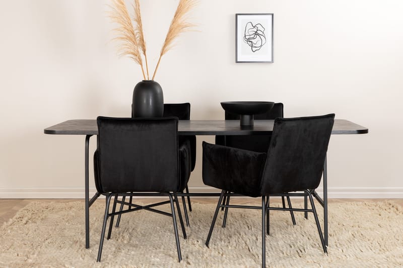 Unos Spisegruppe 200 cm Rektangulær med 4 Petra Stoler - Sort - Møbler - Bord - Spisegruppe