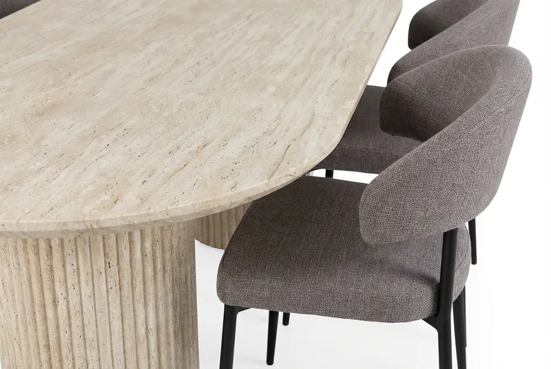 Uppveda Ovalt Spisebord 180x90 cm med 4 Sawako Greige Stoler - Travertin/Greige - Møbler - Bord - Spisegruppe